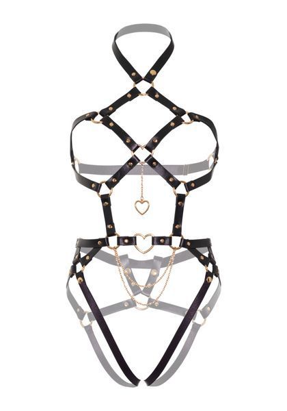 Портупея-тедді з екошкіри Leg Avenue Heart ring harness teddy S, Black, підвіска-сердечко, ланцюги SO8563 фото ЦЕ МІЖ НАМИ