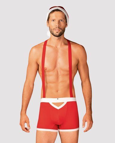 Чоловічий еротичний костюм Санта-Клауса Obsessive Mr Claus S/M, боксери на підтяжках, шапочка з помп SO7294 фото ЦЕ МІЖ НАМИ