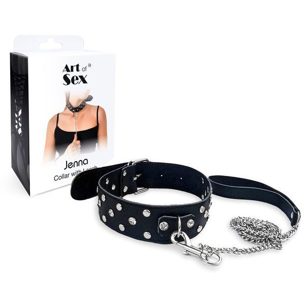Нашийник з повідцем із натуральної шкіри із заклепками Art of Sex - Jenna Collar with Leash, чорний SO6698 фото ЦЕ МІЖ НАМИ