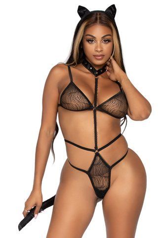 Еротичний костюм кішки Leg Avenue Roleplay Sex Kitten One size Black, боді, вушка, чокер SO8601 фото ЦЕ МІЖ НАМИ